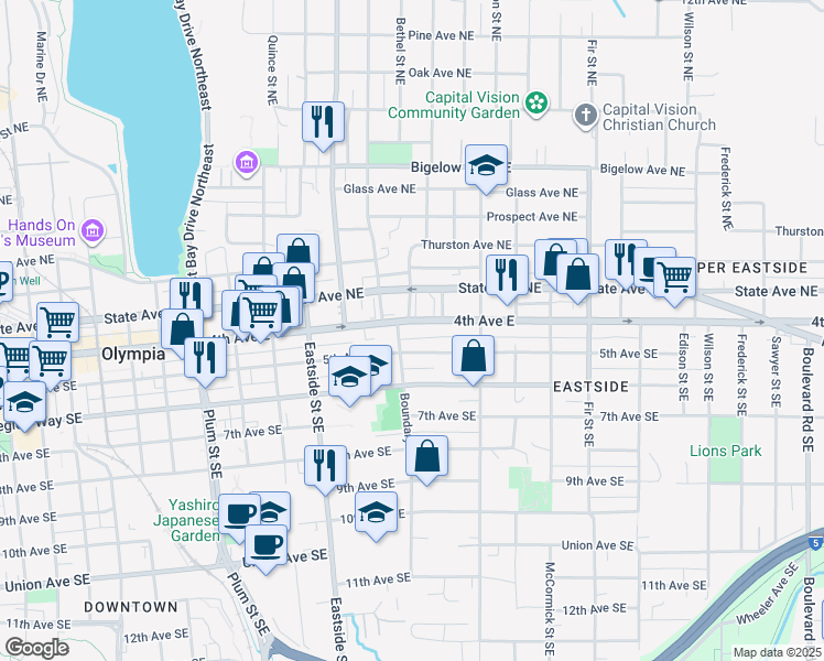 map of restaurants, bars, coffee shops, grocery stores, and more near 1311 4th Avenue East in Olympia