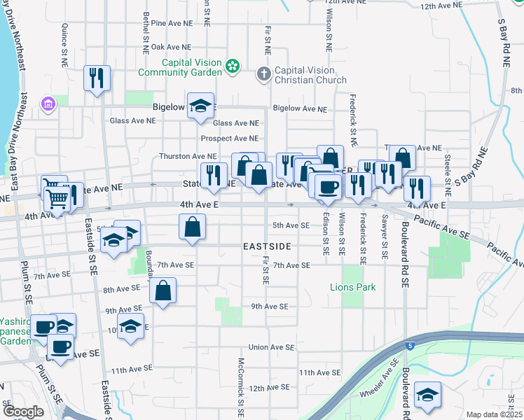 map of restaurants, bars, coffee shops, grocery stores, and more near in Olympia
