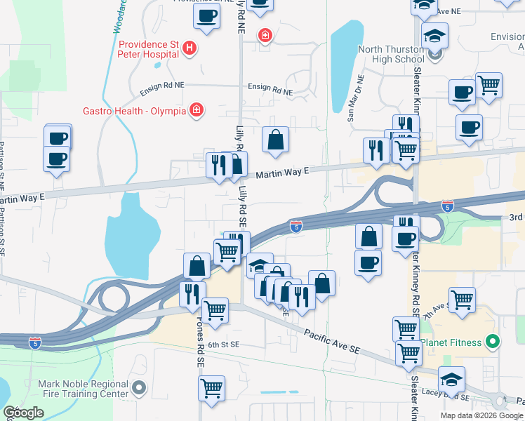 map of restaurants, bars, coffee shops, grocery stores, and more near 3723 Griffin Lane Southeast in Olympia