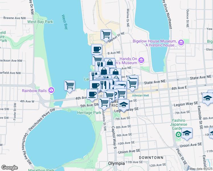 map of restaurants, bars, coffee shops, grocery stores, and more near 108 State Avenue Northwest in Olympia