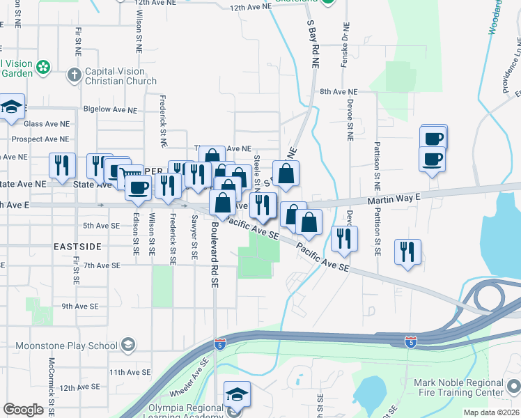 map of restaurants, bars, coffee shops, grocery stores, and more near 408 Steele Street Northeast in Olympia