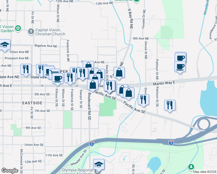 map of restaurants, bars, coffee shops, grocery stores, and more near 408 Steele Street Northeast in Olympia