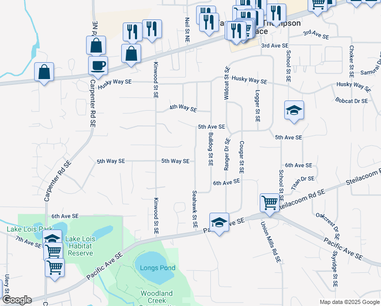 map of restaurants, bars, coffee shops, grocery stores, and more near 523 Seahawk Street Southeast in Olympia