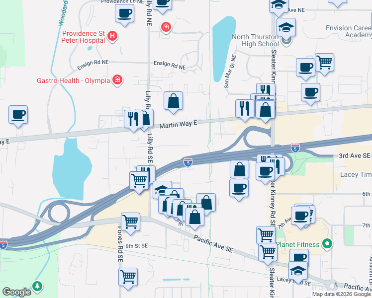 map of restaurants, bars, coffee shops, grocery stores, and more near 3745 Griffin Lane Southeast in Olympia