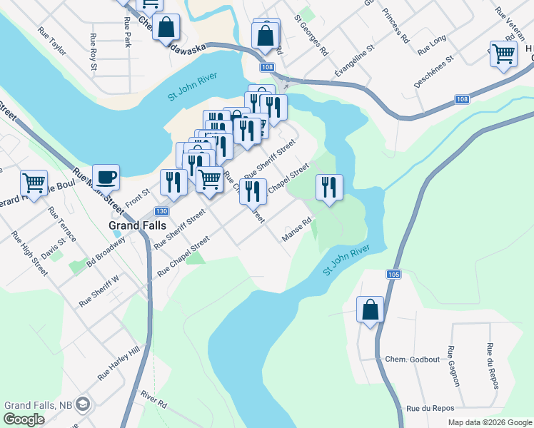 map of restaurants, bars, coffee shops, grocery stores, and more near 206 Rue Basin Street in Grand-Sault