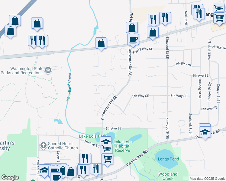 map of restaurants, bars, coffee shops, grocery stores, and more near 516 Malibu Drive Southeast in Olympia