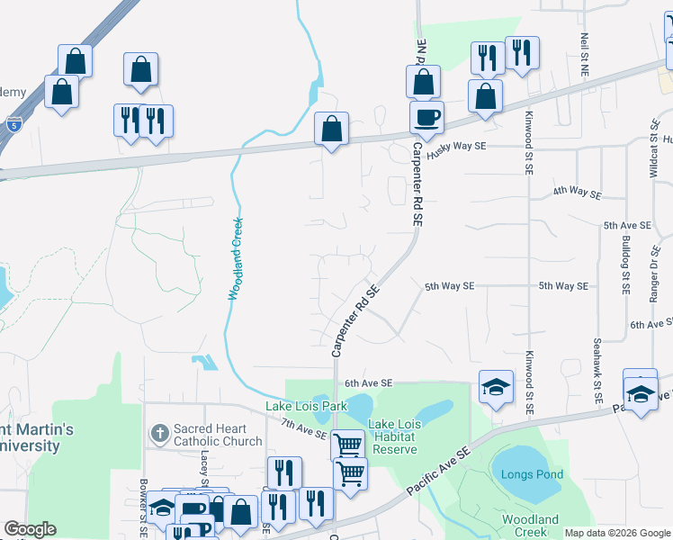 map of restaurants, bars, coffee shops, grocery stores, and more near 578 Malibu Drive Southeast in Lacey