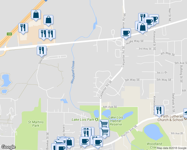 map of restaurants, bars, coffee shops, grocery stores, and more near 587 Malibu Drive Southeast in Lacey