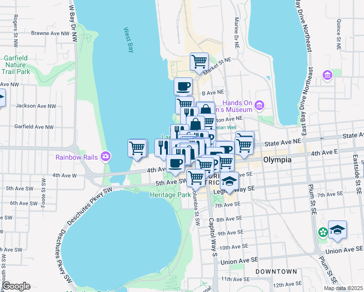 map of restaurants, bars, coffee shops, grocery stores, and more near 220 Water Street Northwest in Olympia