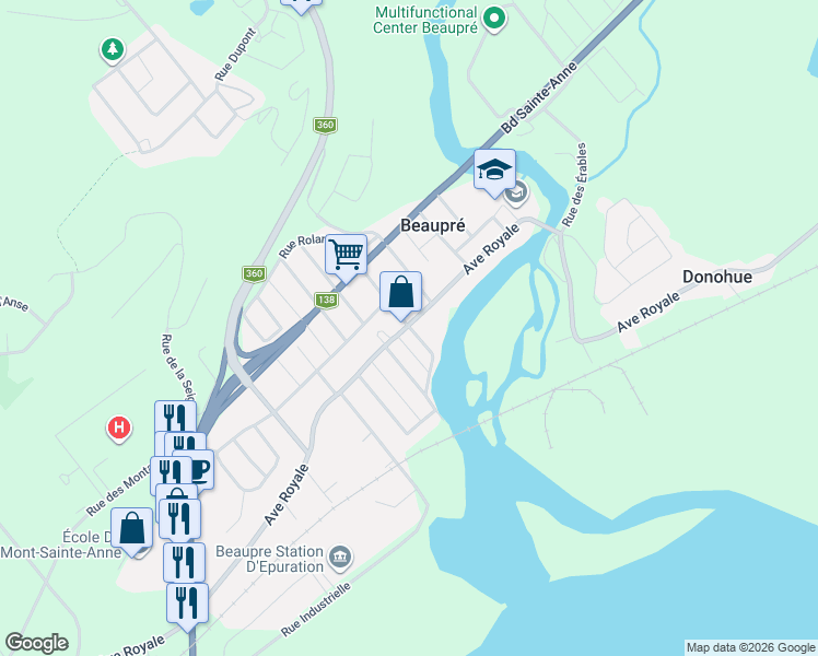 map of restaurants, bars, coffee shops, grocery stores, and more near 11185 Avenue Royale in Beaupré