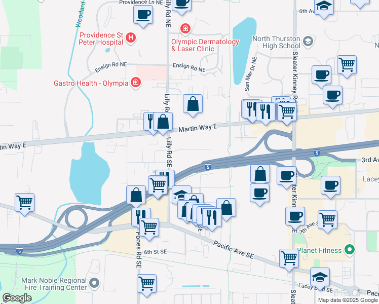 map of restaurants, bars, coffee shops, grocery stores, and more near 3723 Griffin Lane Southeast in Olympia