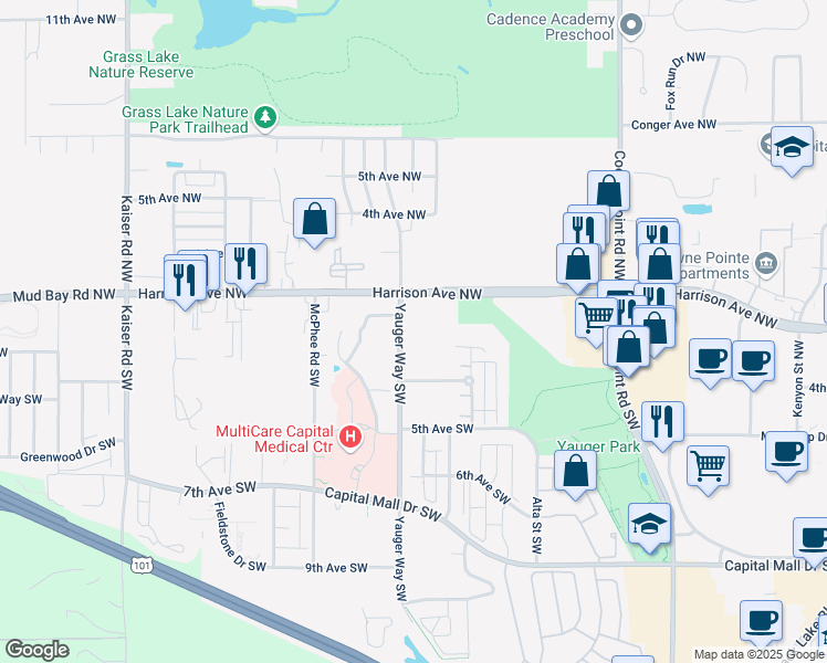 map of restaurants, bars, coffee shops, grocery stores, and more near 406 Yauger Way Southwest in Olympia