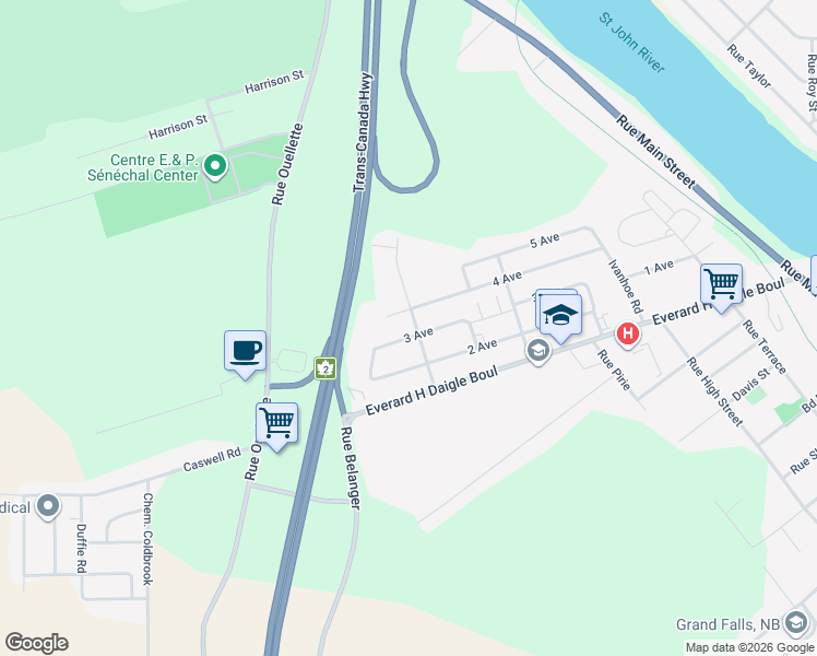 map of restaurants, bars, coffee shops, grocery stores, and more near 63 Rue Lafrance in Grand-Sault