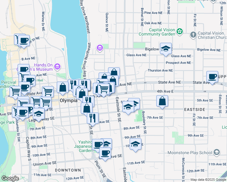 map of restaurants, bars, coffee shops, grocery stores, and more near 1026 4th Avenue East in Olympia