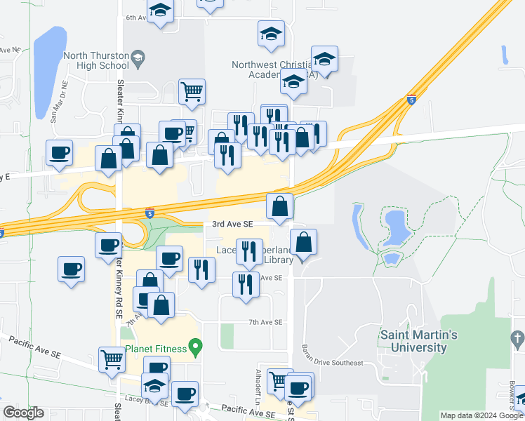 map of restaurants, bars, coffee shops, grocery stores, and more near 4500 3rd Avenue Southeast in Lacey