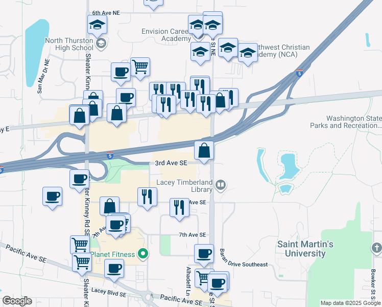 map of restaurants, bars, coffee shops, grocery stores, and more near 4500 3rd Avenue Southeast in Lacey
