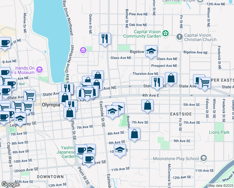 map of restaurants, bars, coffee shops, grocery stores, and more near 1220 4th Avenue East in Olympia