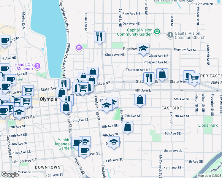 map of restaurants, bars, coffee shops, grocery stores, and more near 1220 4th Avenue East in Olympia