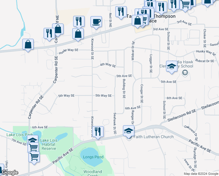 map of restaurants, bars, coffee shops, grocery stores, and more near 523 Seahawk Street Southeast in Olympia