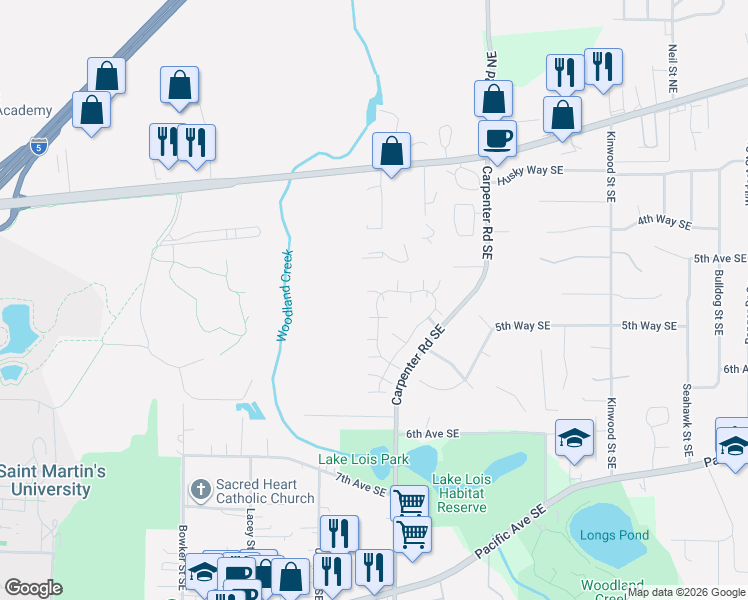 map of restaurants, bars, coffee shops, grocery stores, and more near 587 Malibu Drive Southeast in Lacey