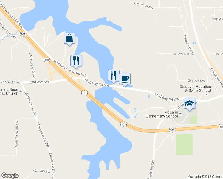 map of restaurants, bars, coffee shops, grocery stores, and more near 5021 Mud Bay Road Northwest in Olympia