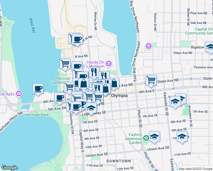 map of restaurants, bars, coffee shops, grocery stores, and more near 411 State Avenue Northeast in Olympia