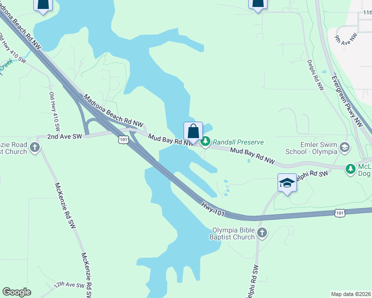 map of restaurants, bars, coffee shops, grocery stores, and more near 5021 Mud Bay Road Northwest in Olympia