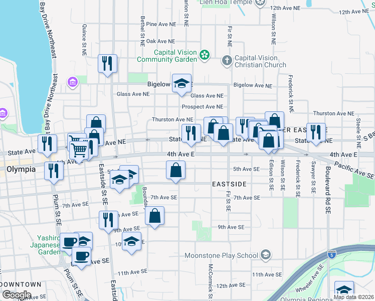 map of restaurants, bars, coffee shops, grocery stores, and more near 1516 4th Avenue East in Olympia