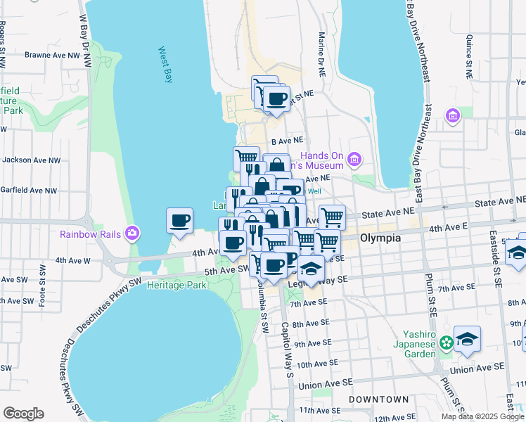 map of restaurants, bars, coffee shops, grocery stores, and more near 222 Columbia Street Northwest in Olympia