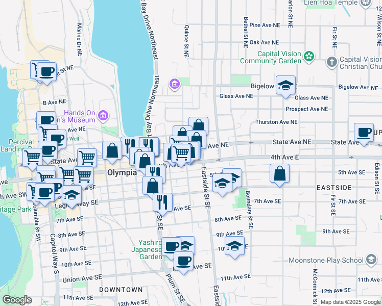 map of restaurants, bars, coffee shops, grocery stores, and more near 1026 4th Avenue East in Olympia