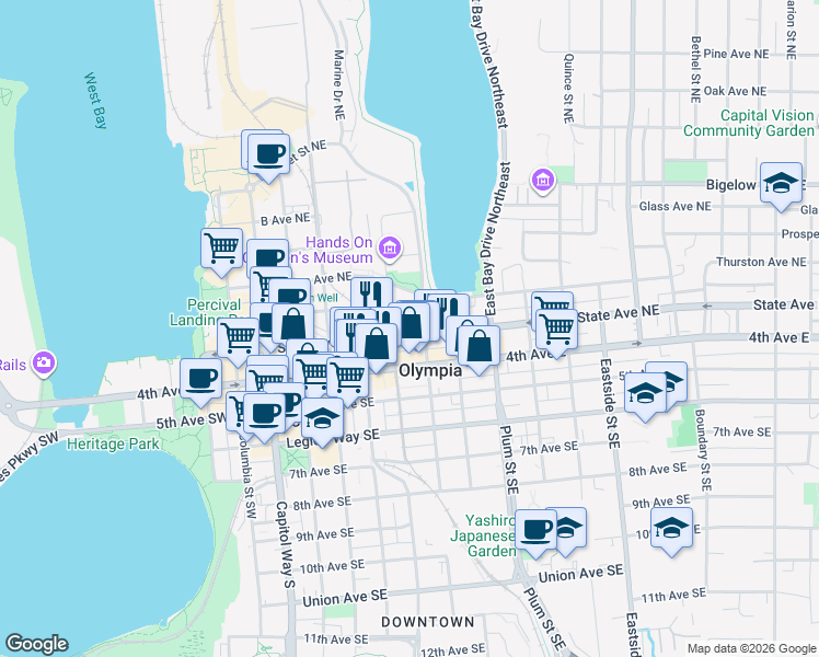 map of restaurants, bars, coffee shops, grocery stores, and more near 114 Jefferson Street Southeast in Olympia