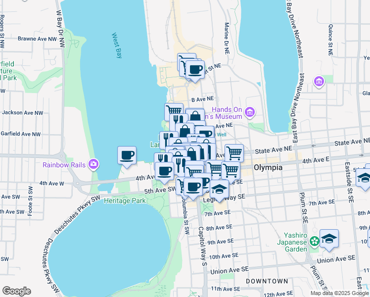 map of restaurants, bars, coffee shops, grocery stores, and more near 108 State Avenue Northwest in Olympia