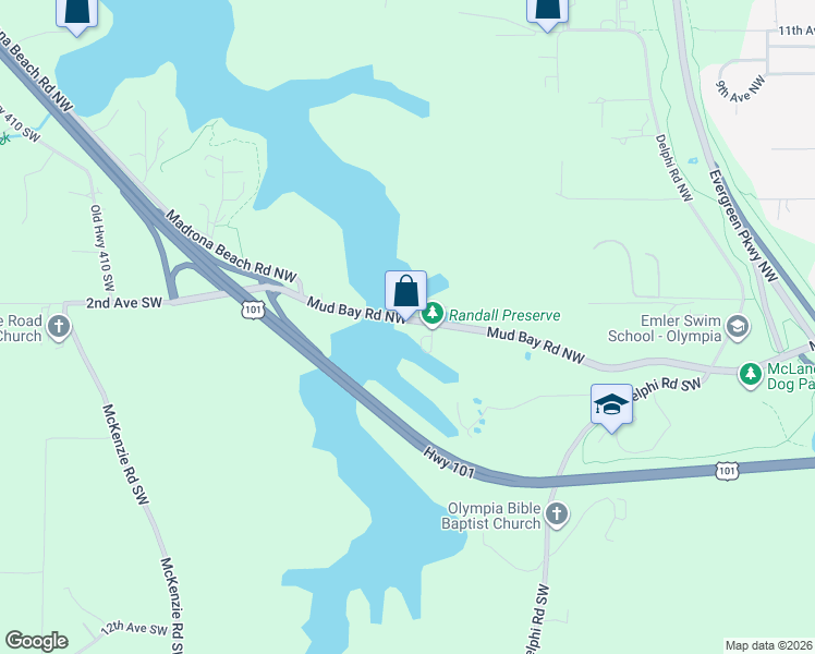 map of restaurants, bars, coffee shops, grocery stores, and more near 5021 Mud Bay Road Northwest in Olympia