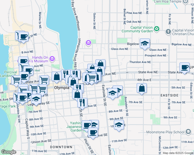 map of restaurants, bars, coffee shops, grocery stores, and more near 1026 4th Avenue East in Olympia