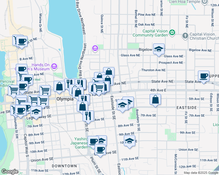 map of restaurants, bars, coffee shops, grocery stores, and more near 1026 4th Avenue East in Olympia