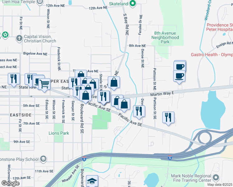 map of restaurants, bars, coffee shops, grocery stores, and more near 2521 4th Avenue East in Olympia