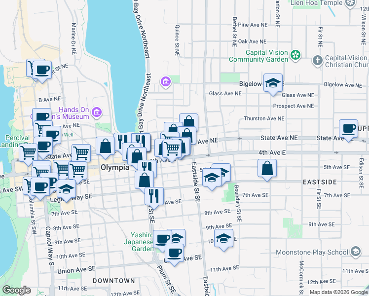 map of restaurants, bars, coffee shops, grocery stores, and more near 1026 4th Avenue East in Olympia