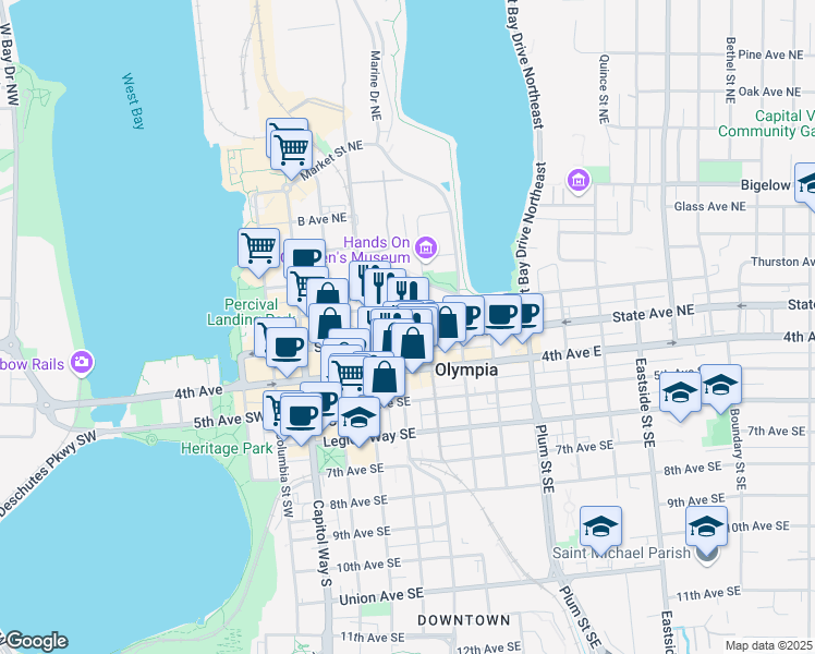 map of restaurants, bars, coffee shops, grocery stores, and more near 411 State Avenue Northeast in Olympia
