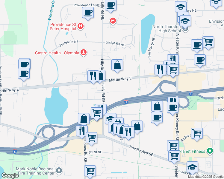 map of restaurants, bars, coffee shops, grocery stores, and more near 3723 Griffin Lane Southeast in Olympia