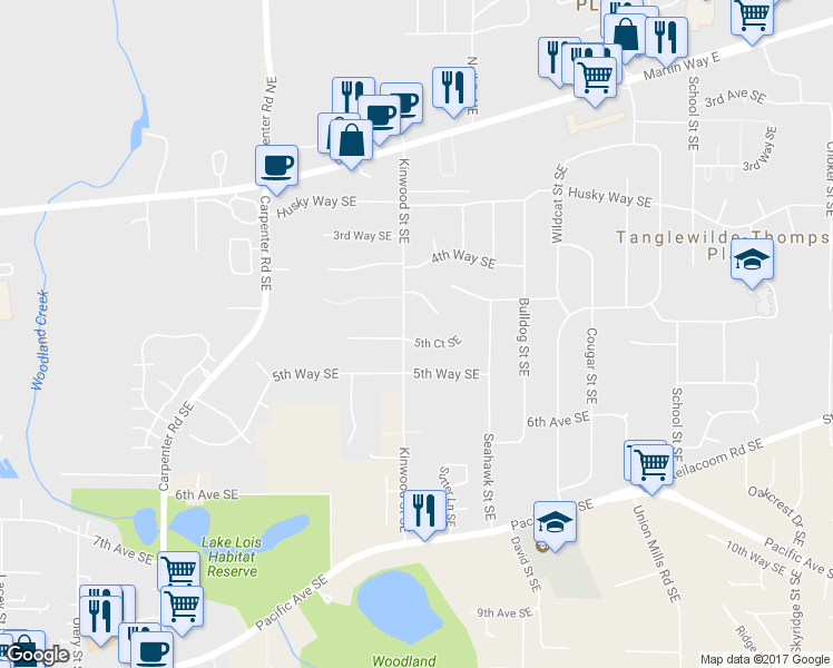 map of restaurants, bars, coffee shops, grocery stores, and more near 6743 5th Court Southeast in Lacey