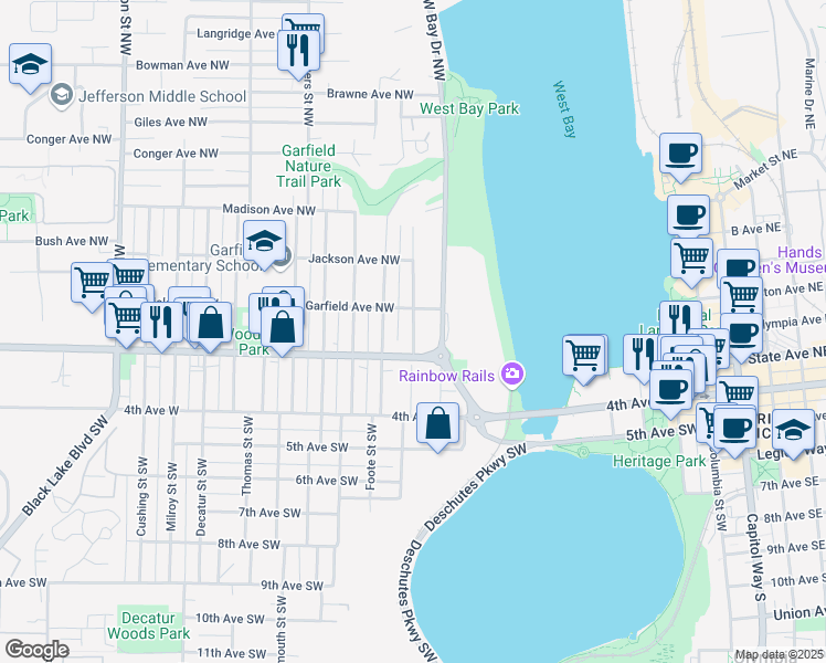map of restaurants, bars, coffee shops, grocery stores, and more near 209 Sherman Street Northwest in Olympia