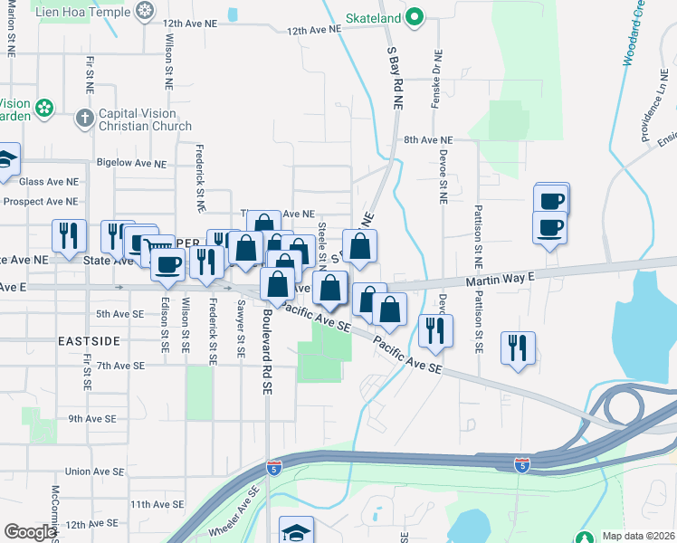 map of restaurants, bars, coffee shops, grocery stores, and more near 2521 4th Avenue East in Olympia