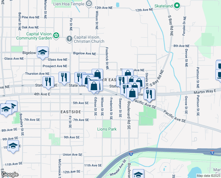 map of restaurants, bars, coffee shops, grocery stores, and more near 2007 4th Avenue East in Olympia