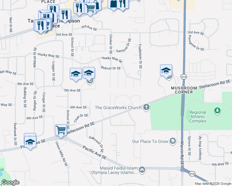 map of restaurants, bars, coffee shops, grocery stores, and more near 525 Pamela Drive Southeast in Lacey