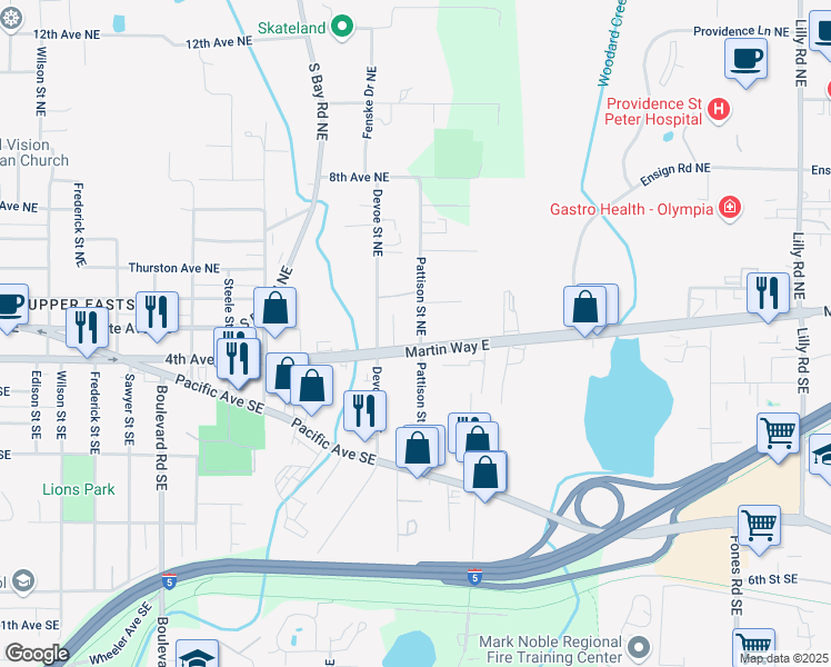 map of restaurants, bars, coffee shops, grocery stores, and more near 2825 Martin Way East in Olympia
