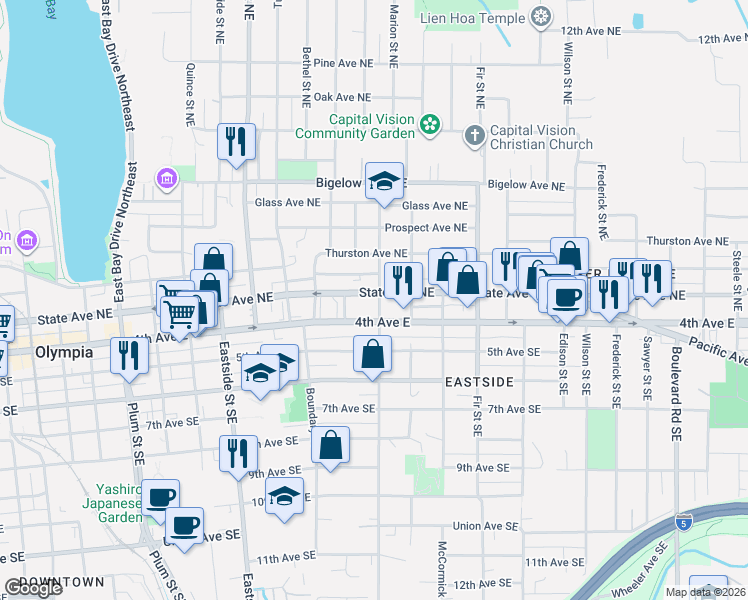 map of restaurants, bars, coffee shops, grocery stores, and more near 1502 4th Avenue East in Olympia