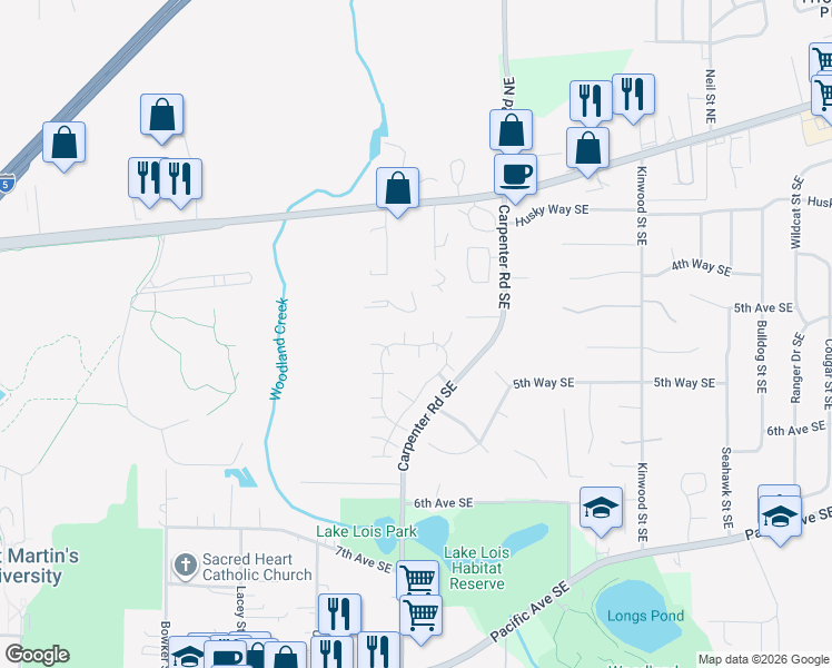 map of restaurants, bars, coffee shops, grocery stores, and more near 547 Malibu Drive Southeast in Olympia