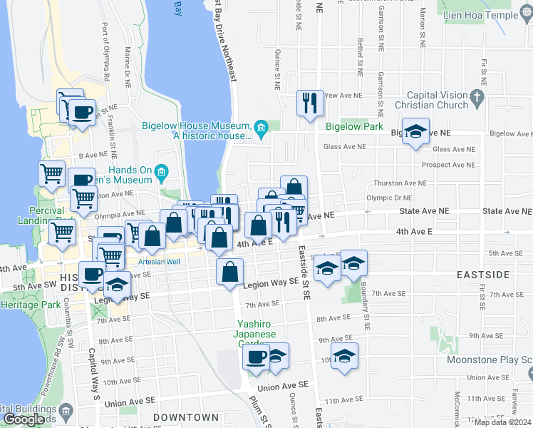 map of restaurants, bars, coffee shops, grocery stores, and more near 303 Quince Street Northeast in Olympia