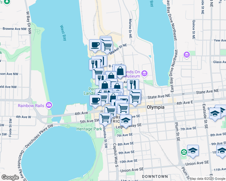 map of restaurants, bars, coffee shops, grocery stores, and more near 106 Olympia Avenue Northeast in Olympia