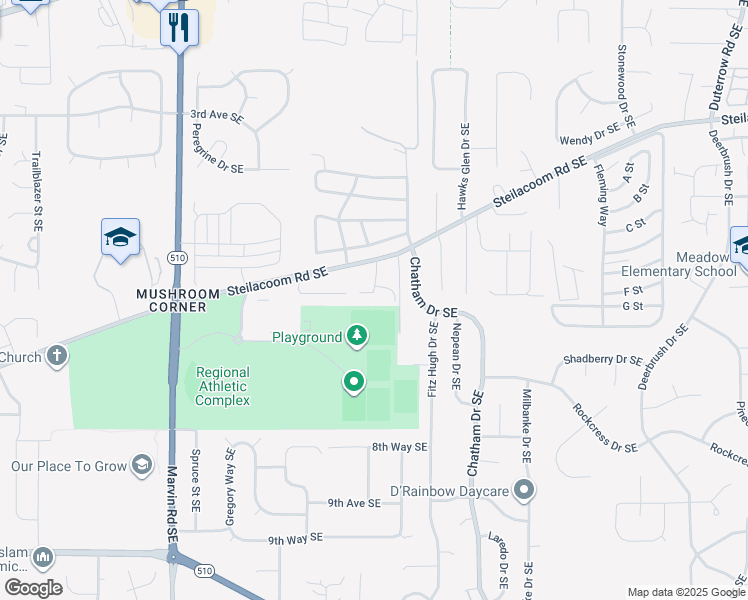 map of restaurants, bars, coffee shops, grocery stores, and more near 8631 Steilacoom Road Southeast in Lacey